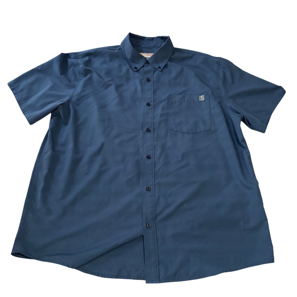 Huk Kona Fishing Shirt Mens XL Blue Short Sleeve Button Down Performance Tech